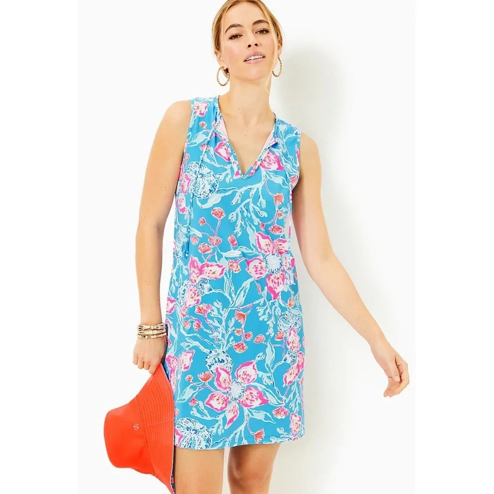 Lilly Pulitzer‎ Johana Sleeveless Cover Up Mini Dress Celestial Blue Pink  Sz L
